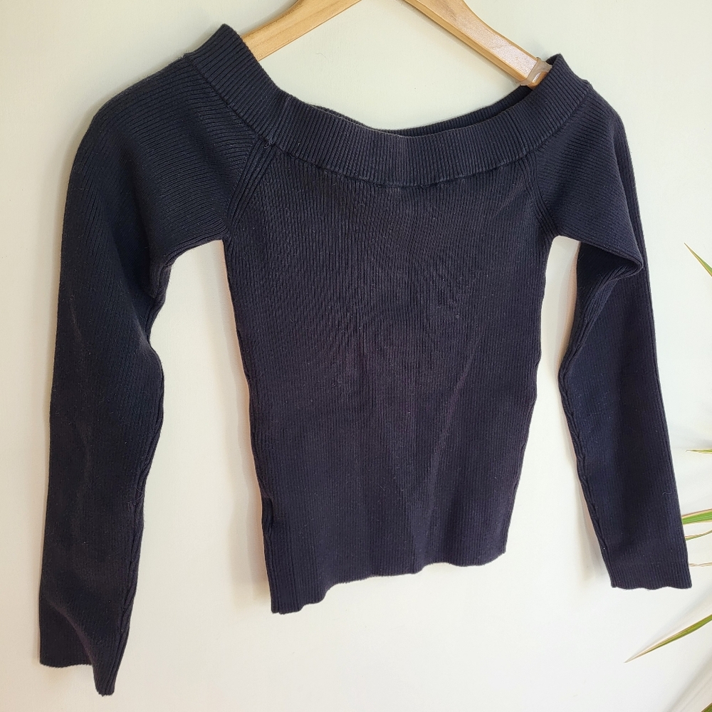 Express Body Contour Collection Off Shoulder Black Ribbed Sweater - Picture 6 of 9